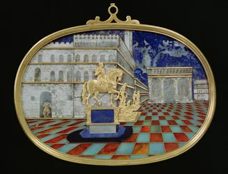 Miniature mosaic of an Italian piazza, probably Florence, containing bronzes and an equestrian statue, mosaic by Gaffuri and gold base-reliefs by Bilivelt